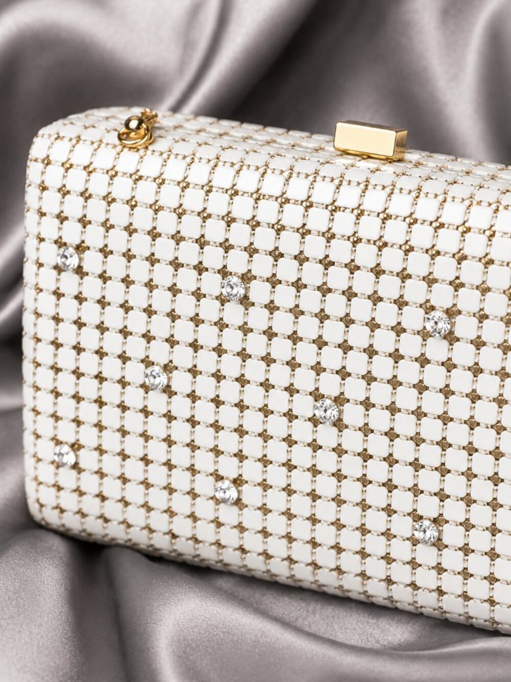 Vintage White & Gold Evening Clutch with Crystal Accents